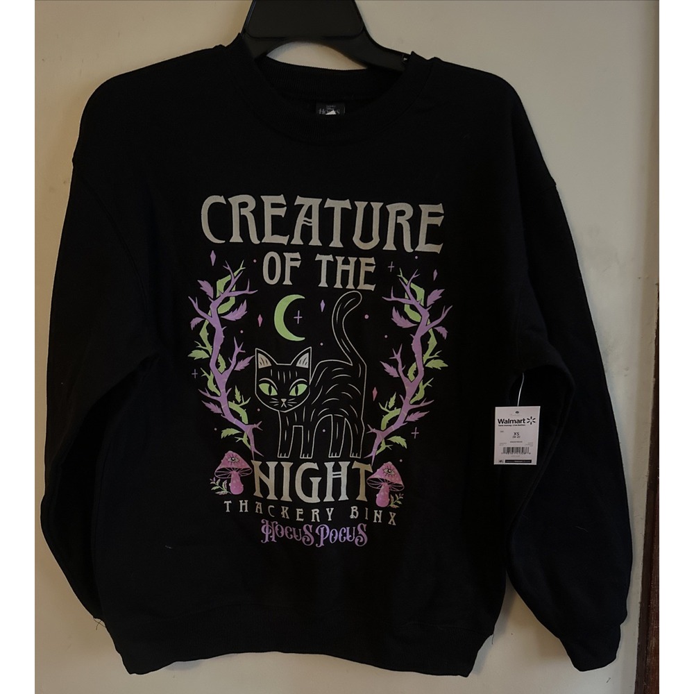 Womens Black Cat Hocus Pocus Halloween Sweatshirt Sweat Shirt Crew Size XS NWT